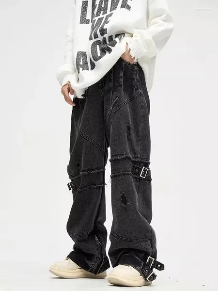 Herren Jeans YIHANKE Y2K Streetwear Schwarz Baggy Ripped Stacked Cargo Hosen Männer Kleidung Punk Gerade Denim Hosen