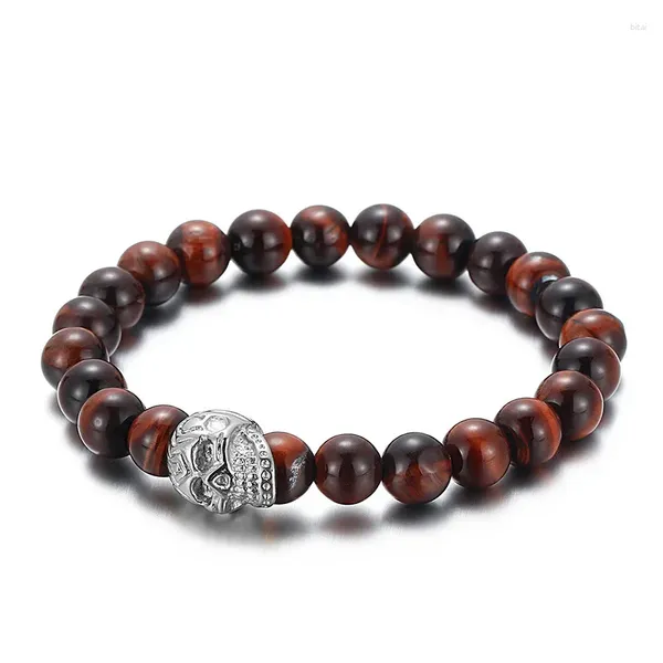 Link pulseiras simples personalidade tigre olho pedra artesanal frisado pulseira na moda masculino crânio de aço inoxidável