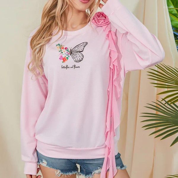 Felpe con cappuccio da donna Felpe con farfalla da donna Abiti primaverili autunnali Manica lunga 3D Rosette Ruffle Pullover Tees Abbigliamento femminile Y2k Streetwear