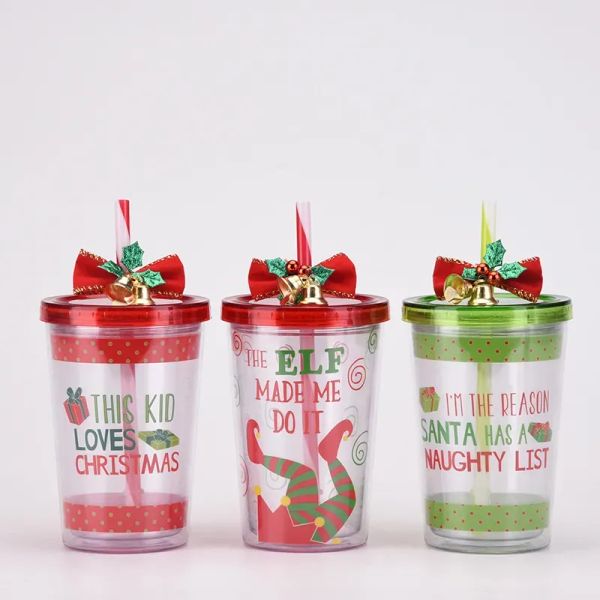 Bicchiere natalizio in plastica a doppio strato da 10 OZ con coperchio e bottiglie d'acqua natalizie in cannuccia