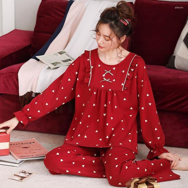 Женская одежда для сна весна Atumn Ladies Pajama Set Cotton Casual Red Nightwear Long Elicewear Женщины M-3XL