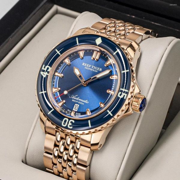 Relojes de pulsera Reef Tiger/RT para hombre, reloj de cristal de zafiro, esfera azul rosa, fecha, superluminoso, resistente al agua, relojes mecánicos automáticos de 200M