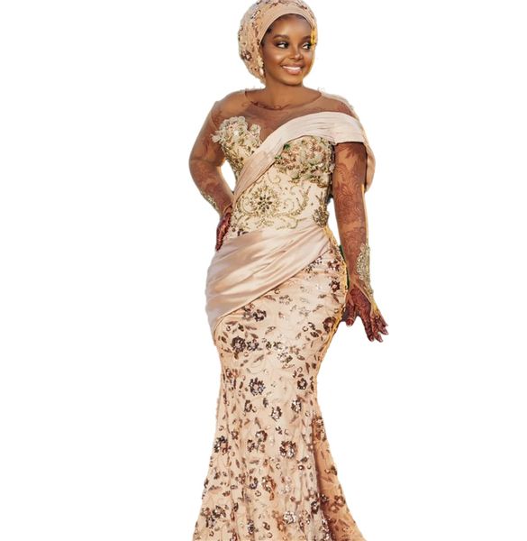 2023 Arabisch Aso Ebi Gold Meerjungfrau Abendkleid Pailletten Spitze Abendkleider Perlen Kristalle Geburtstag Verlobung Zweites Kleid Kleid Frauen Formelle Kleidung WD034