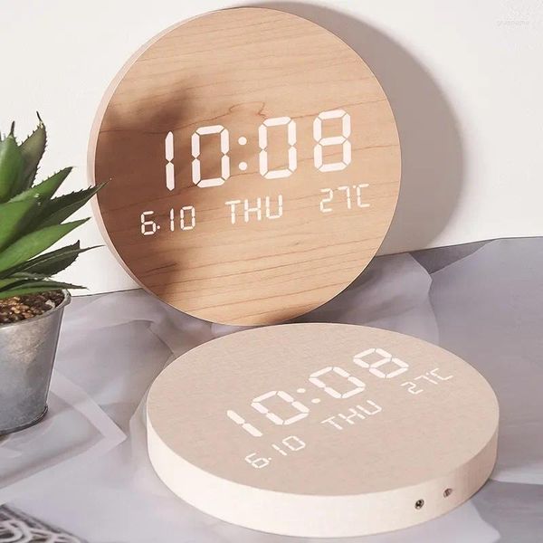 Wanduhren Holz Led Digitaluhr Kreative Leuchtende Stille Temperatur Nordic Uhr Montiert Hause Wohnzimmer Dekoration