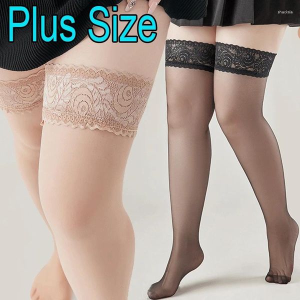 Meias femininas 1/2 pares plus size meias elásticas altas para sexy renda coxa anti-deslizamento meia-calça superior sobre o joelho meia arrastão