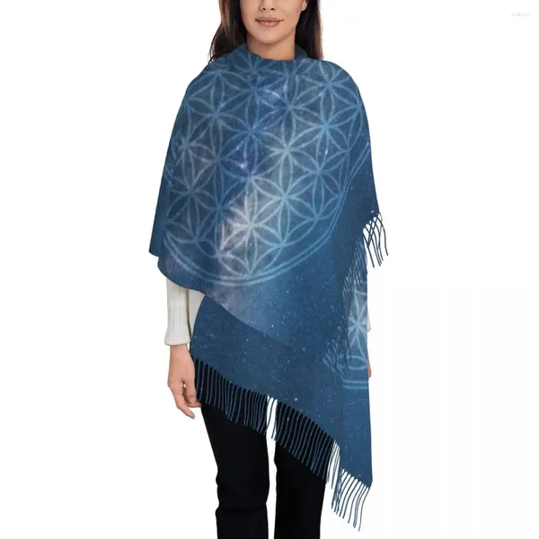 Lenços da moda do espaço geométrico e Flower of Life Tassel Sconse Women Winter Warm Shaps envolve geometria sagrada feminina