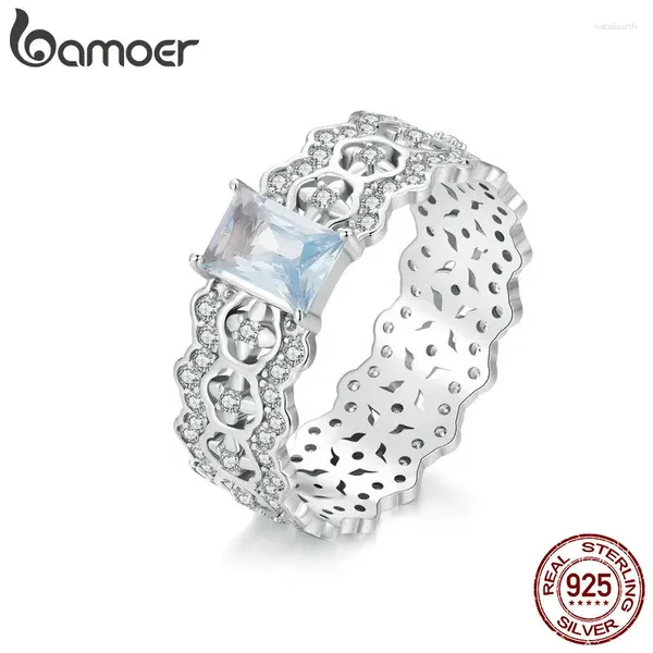 Anéis de cluster BAMOER 925 Sterling Silver Dainty CZ Lace Ring Platinum Filled Chunky Simples Textura Intrincada Banda Elegante