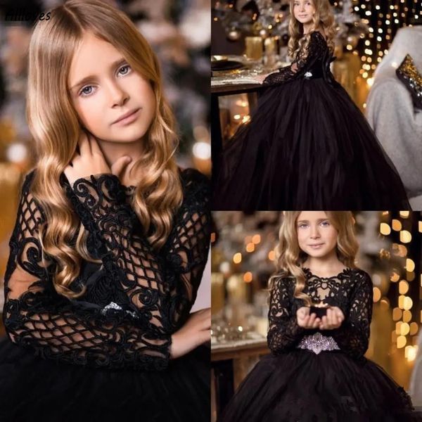 Splendidi abiti da ragazza di fiore in tulle nero con maniche lunghe in pizzo da sposa Abiti da spettacolo per bambina Gonna gonfia Principessa Bambino Festa formale Vestito di compleanno CL2876