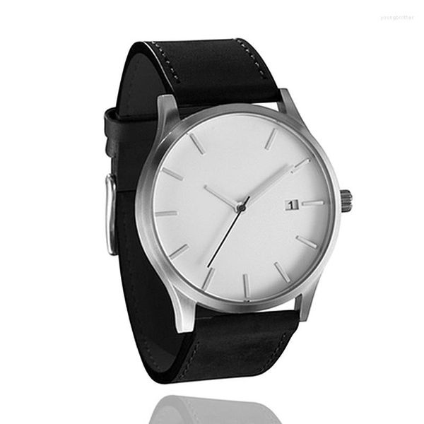 Relógios de pulso simples relógios de discagem masculina banda de couro retrô design luxuoso preto branco esportivo de quartzo relógio com calendário relógio
