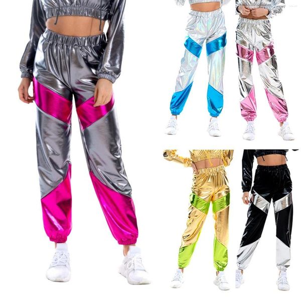 Calças femininas mulheres cintura alta metálica brilhante jogger streetwear hip hop calças reflexivas holográficas patchwork clube dança