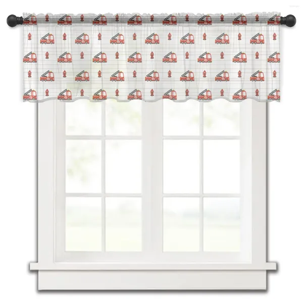 Vorhang, Motiv: Feuerwehrauto, Spielzeugauto, kleines Fenster, Tüll, durchsichtig, kurz, Schlafzimmer, Wohnzimmer, Heimdekoration, Voile-Vorhänge