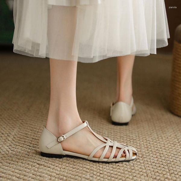 Sandálias moda retro estilo literário romano oco dedo do pé feminino salto grosso 2023 verão em forma de t tecido flat bottomsandals