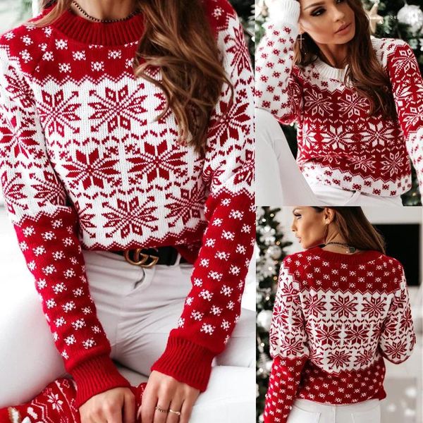 Maglioni da donna Y2k Vestiti Maglione lavorato a maglia di Natale Manica lunga O-Collo Maglione vintage Moda 2023 Inverno Fiocco di neve Stampa Pullover rosso