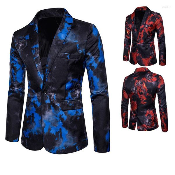 Abiti da uomo Boutique Fashion Business Abito a un bottone Rosso e blu con stampa di fiamme Costumi casual a maniche lunghe