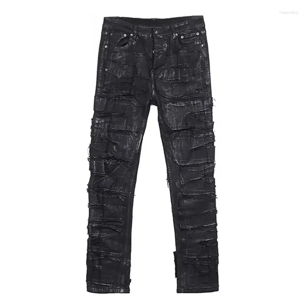 Jeans da uomo Rivestimento scuro Cera Spazzolatura Foro di erosione Pantaloni da uomo in denim casual strappati Pantaloni neri hip-hop da strada