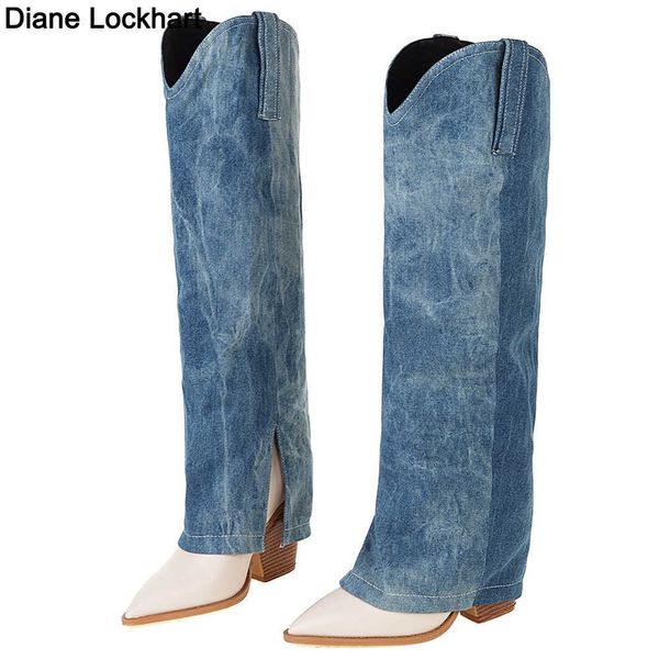 Дизайнерские коренастые каблуки заостренные ноги для ботинков Женщины длинные коленные ботинки складка джинсовые туфли женская западные ковбойские сапоги 2022 230403