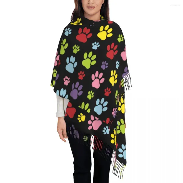 Sciarpe Moda Zampe colorate Modello Sciarpa con nappe Donna Inverno Caldo Scialle Avvolgente Stampe di cani da donna Animali domestici