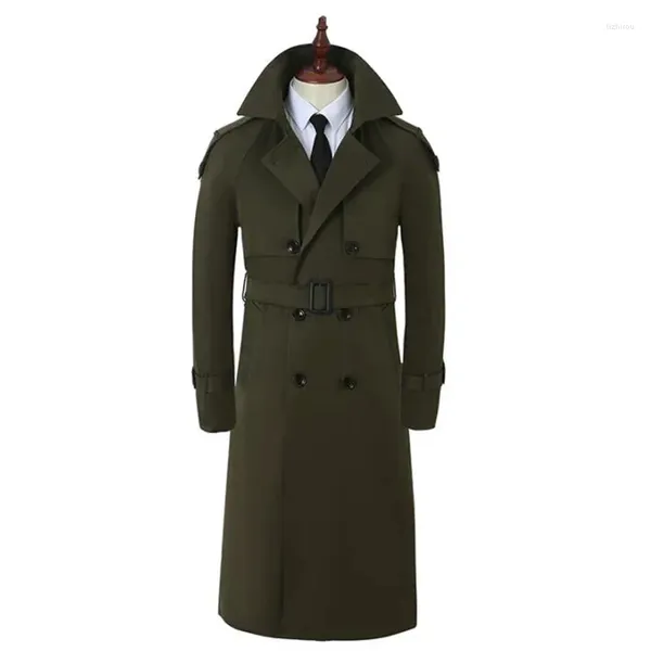 Casacos de Trench Masculinos Super Longo Sobre o Joelho Mens Exército Verde 2024 Primavera Outono Duplo Trespassado Moda Britânica All-Match Windbreaker