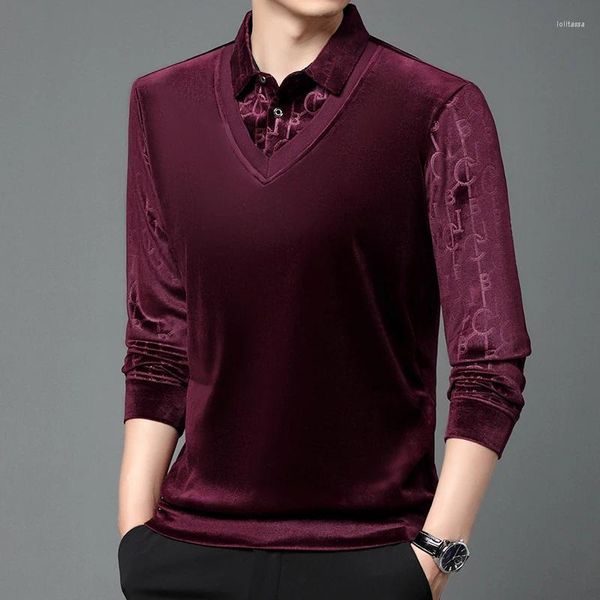 Camisolas masculinas Claret Red Plush Camisetas Veludo 2023 Outono Inverno Base Top Quente com Colete Pai Marido Pulôver para Suéter Frio Jumper