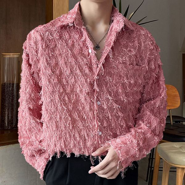 Camicia elegante in pizzo vintage coreana primaverile Abbigliamento da palcoscenico Uomo Vedere attraverso Camicie a maniche lunghe con protezione solare sottile e allentata Maschile