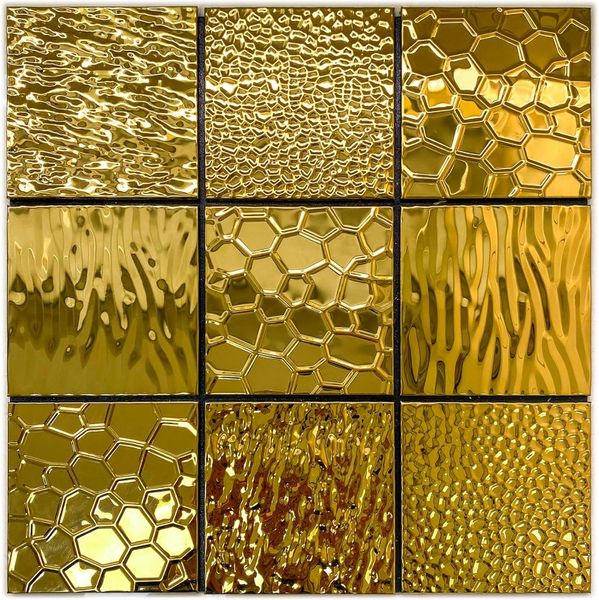 10 folhas de aço inoxidável backsplash azulejo descascado e colado no painel de parede 3D de cozinha em relevo dourado