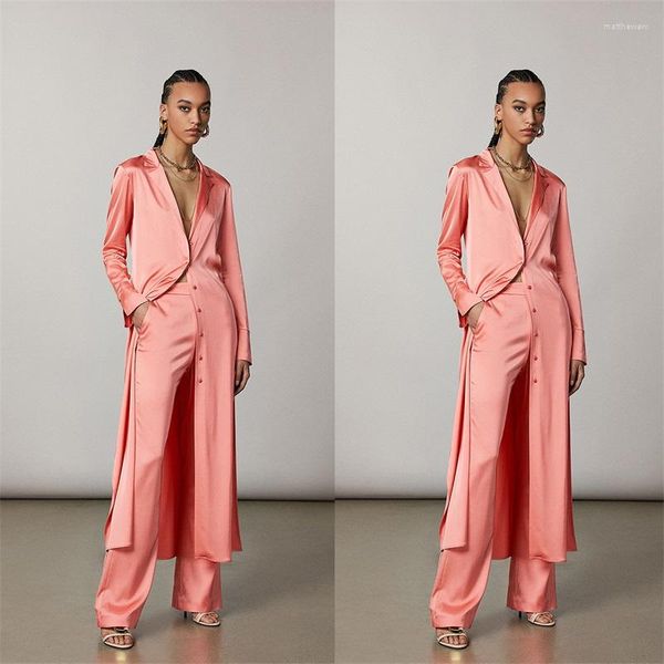 Pantaloni due pezzi da donna Abiti estivi da donna rosa Tailor Made 2 pezzi Set da lavoro formale Giacca lunga Blazer Raso di seta Festa (pantaloni cappotto)