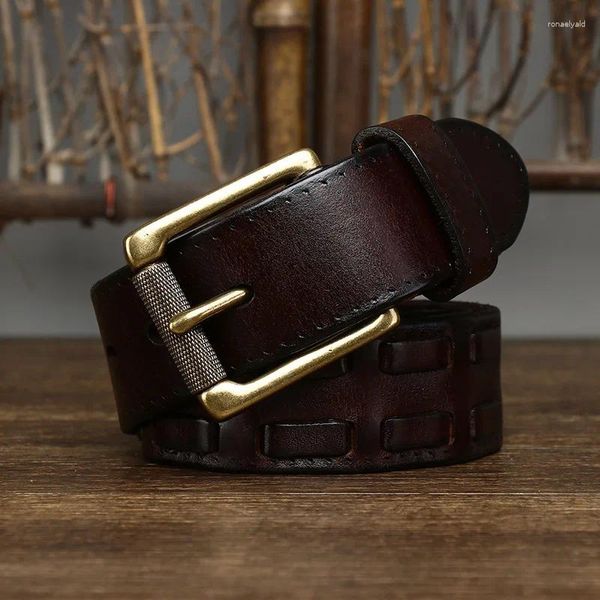 Kemerler 3.8cm Erkek Yüksek Kaliteli Orijinal Deri Kemer Lüks Pirinç Pim Toka Örgü Saf İnek Hinsi Vintage Strap Erkek Kot pantolon