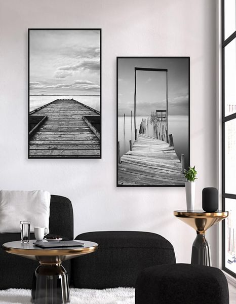 Pintura de paisagem em preto e branco, ponte de madeira, arte de parede, pintura em tela, poster nórdico, imagens de parede para sala de estar8765562