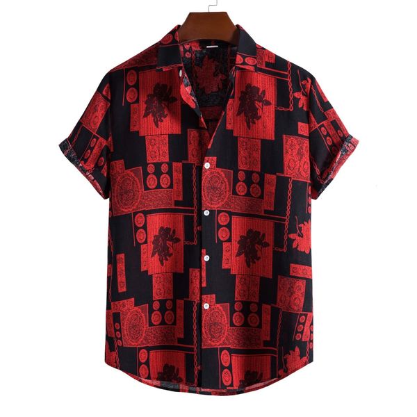 Camicie casual da uomo Camicia hawaiana con bottoni stampa floreale rossa vintage da uomo Slim Fit manica corta in cotone e lino Beach Chemise Homme 230403