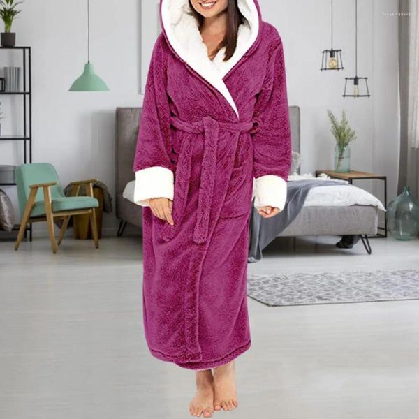 Mulheres sleepwear mulheres camisola de pelúcia mangas compridas engrossar outono inverno com capuz manter quente cintura apertada roupão