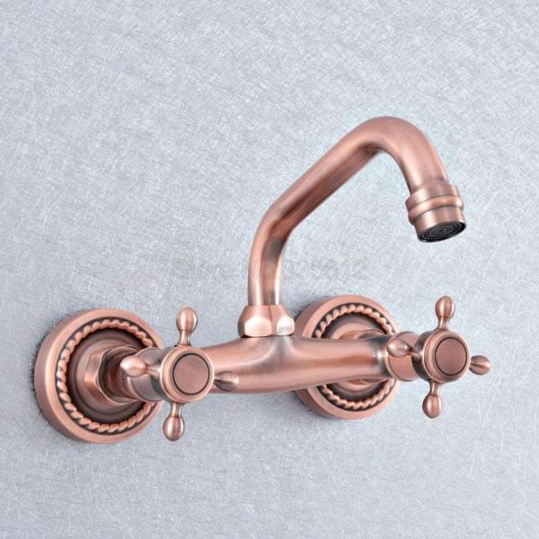 Rubinetti per lavabo da bagno Rame rosso antico Ottone a parete Maniglie a doppia croce Rubinetto per cucina Miscelatore Beccuccio girevole Tsf856