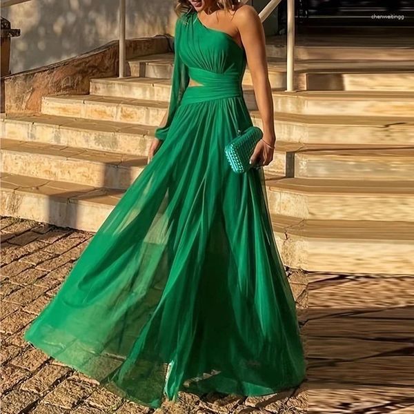 Vestidos casuais 2023 sexy diagonal pescoço cintura alta malha vestido moda um ombro manga oca noite verde elegante sem costas longo