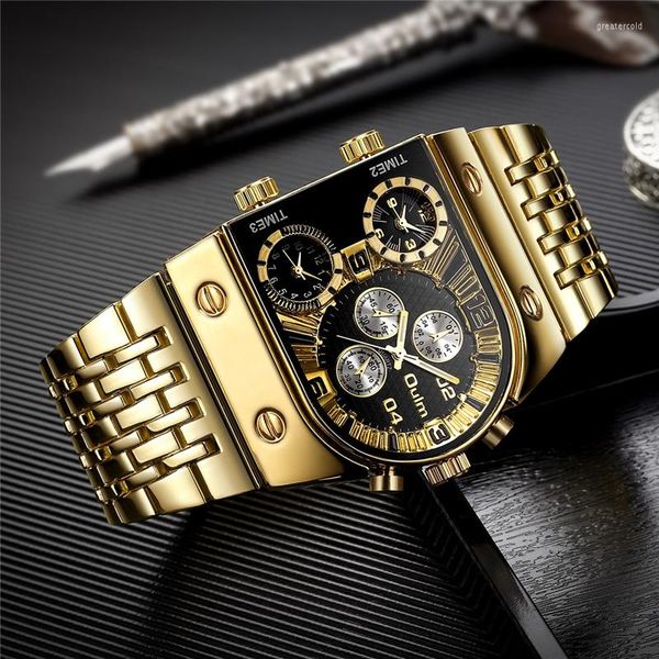 Orologi da polso OULM Multi-Fuso orario Quadrante grande Orologi da uomo luminosi Cinturino in acciaio dorato Orologio al quarzo casual moda per Relogio Masculino