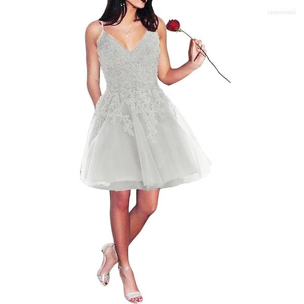 Vestidos de festa Tule de prata para casamentos A-line com apliques de renda com miçangas vestidos de Fiesta Para Bodas