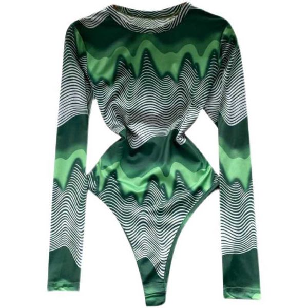 Nxy Sexy Frauen Bodysuits O-Ausschnitt mit langen Ärmeln Slim Jumpsuit Fashion Vintage Green Striped Print Strampler 230328