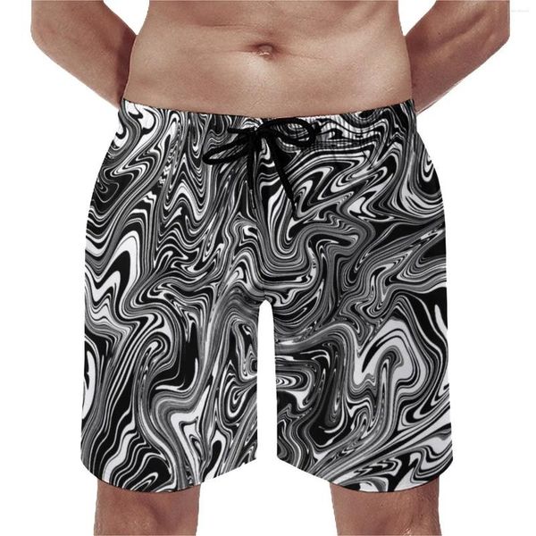 Shorts masculinos preto e branco placa líquida verão abstrato mármore impressão surf praia calças curtas homens secagem rápida troncos casuais
