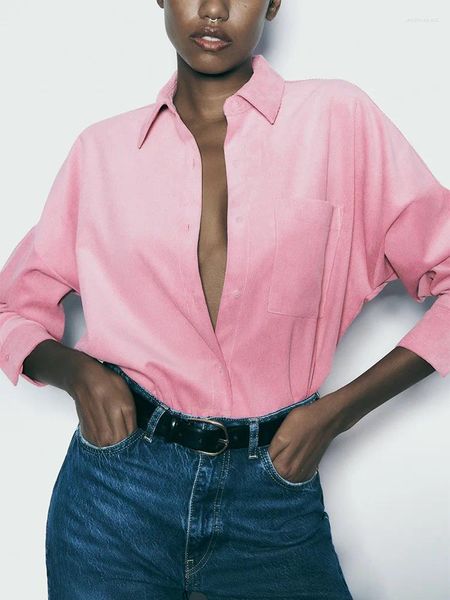 Kadın bluzları kadınlar için kış kıyafetleri 2023 uzun kollu düğme sıradan büyük boy gömlek üst yaka yakalı kadife göğüs cebi ile