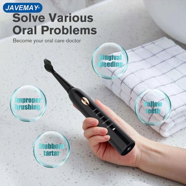 Escova de dentes ultrassônicos escova de dentes automática fácil ipx7 timer de limpeza de boca inteligente IPX7 Timer de limpeza de boca casal para o domínio da casa JaveMay J209 230403