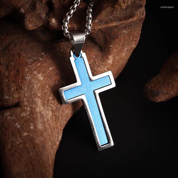 Collane con ciondolo Collana classica in acciaio inossidabile moda croce blu uomo donna Cristo preghiera amuleto gioielli