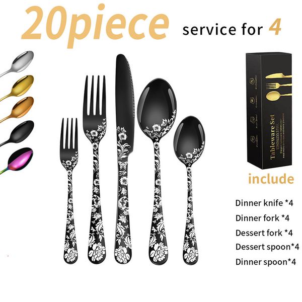 Set di posate da 20 pezzi Set di posate da tavola in acciaio inossidabile per 4 modelli dal design unico Include coltelli da tavola/forchette/cucchiai