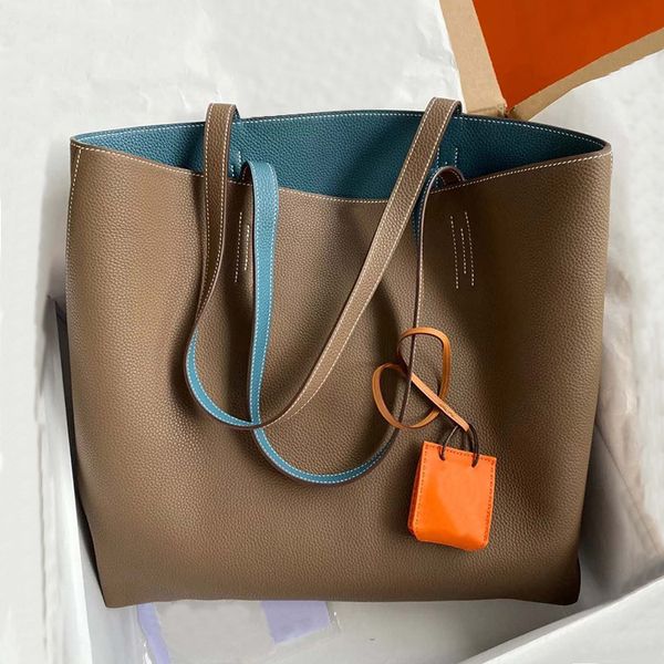 Bolsa de couro genuíno reversível, cor contrastante, grande, hobo, sacola, design personalizado, cor sólida, alta qualidade, alça de ombro