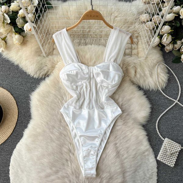 Nxy White Satin Mesh Playsuits Frauen Strap Beach Backless Slim Jumpsuits Damen Transparent Club Sexy Bodysuits 230328