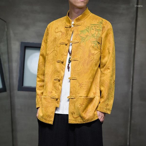 Erkek Ceketler Sonbahar ve Kış Süet Tabağı Düğmesi Ceket Vintage Çin Tang Giyim Han Giysileri Nakış Paltosu