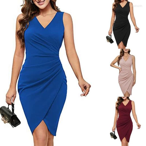 Vestidos casuais vestido de embrulho ruched v pescoço sem mangas bodycon women coquetel trabalha para o escritório tulipa lápis fenda