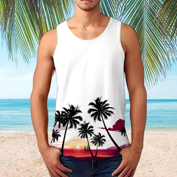 Tampo masculino de tampas masculinas camisa sem mangas machos impressão em árvore de coco 3d florestas folhas casuais camisetas manras de primavera