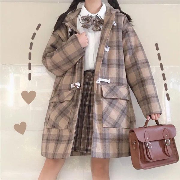 Trench da donna 2023 stile primaverile moda giapponese Jk cappotto maglione uniforme scolastica lunghi tratti plaid di lana Kawaii