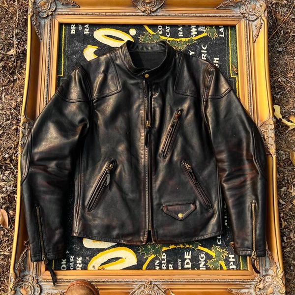 Herrenjacken Tailor Brando Gewaschenes und gealtertes Kernpferdeleder Klassische amerikanische Retro Stehkragen Kurze Bikerjacke