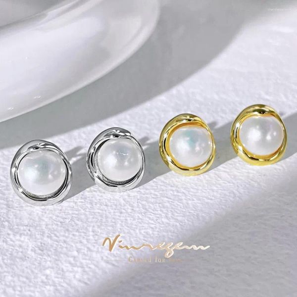 Stud Küpe Vinregem Vintage Zarif 8 Mm Pearl Taş Kulak Çıtçıtları Kadınlar İçin 18K Altın Kaplama 925 Sterlli Gümüş Takı Toptan