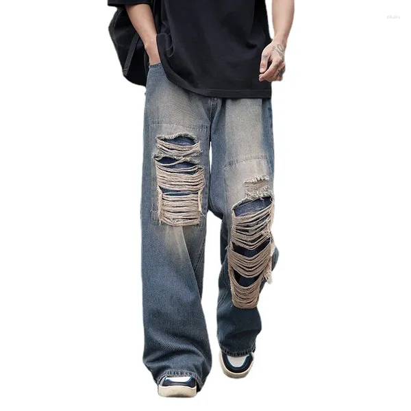 Jeans masculinos americano retro esfarrapado verão lavado angustiado solto perna larga reta esfregando hip hop calças de rua alta