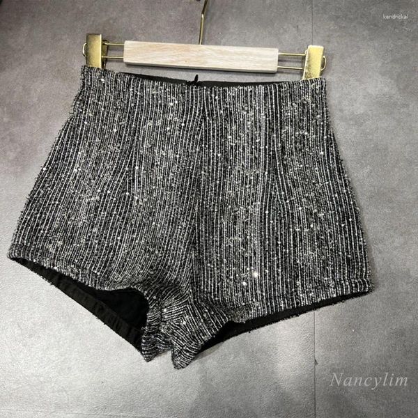 Pantaloncini da donna Autunno a vita alta dritti dimagranti Abbigliamento esterno sottile Stivaletti con paillettes sottili e scintillanti in seta argento